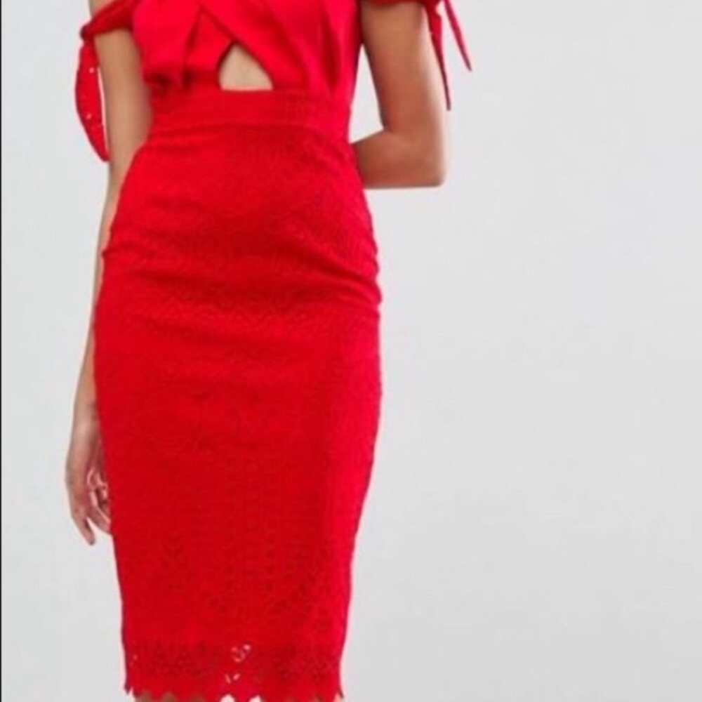 ASOS Bardot lace tie shoulder midi dress